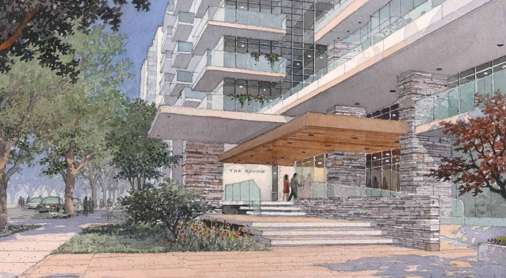 Artist rendering of the entrance to 1215 York Mills condos at The Ravine in North York, Toronto